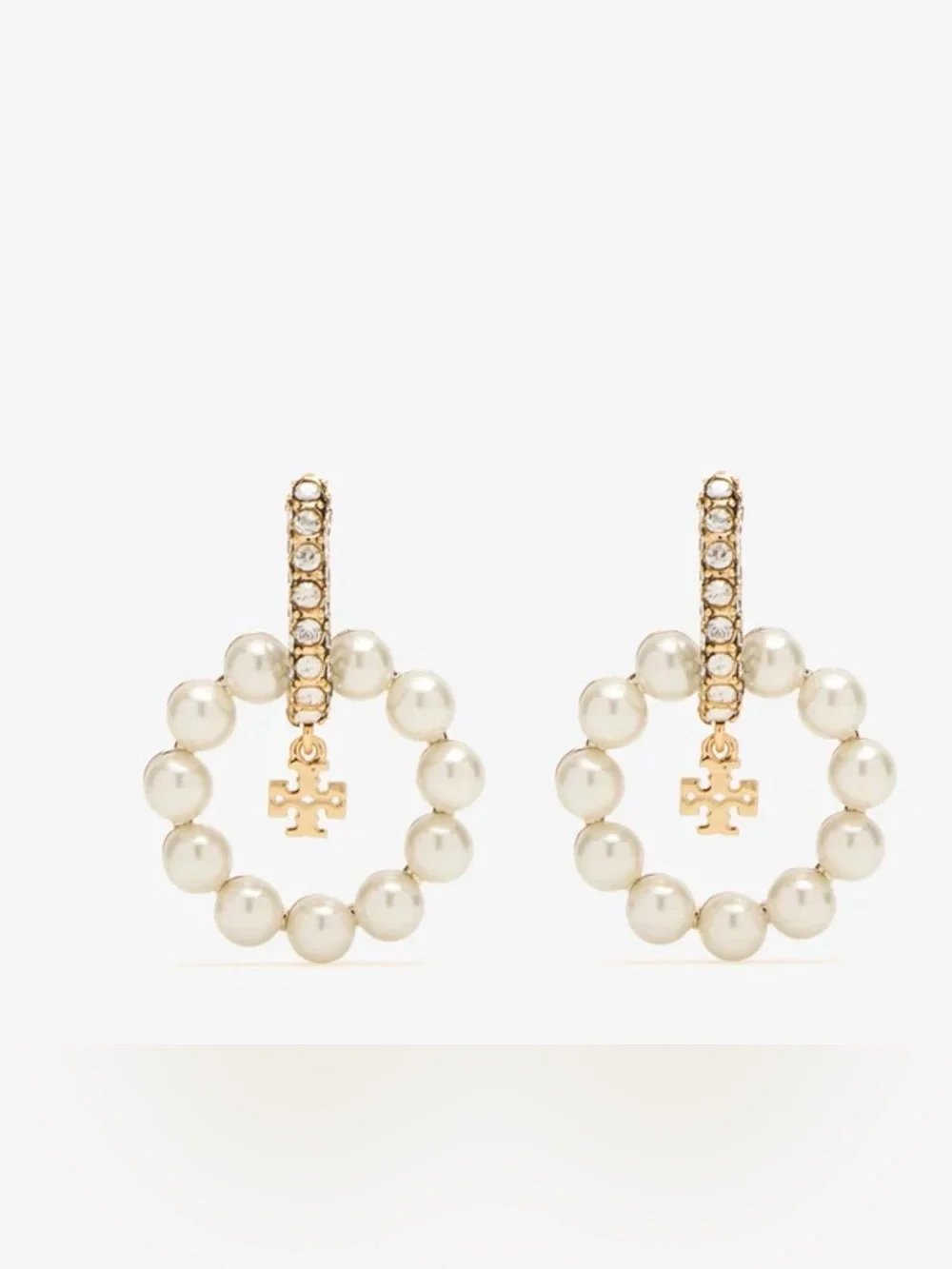 NWT Tory Burch Moondance Pearl Hoop Earrings Gold Crystal Pavé Double T Charm